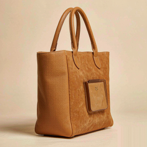 Caramel tan pebbled leather tote bag with gold hardware